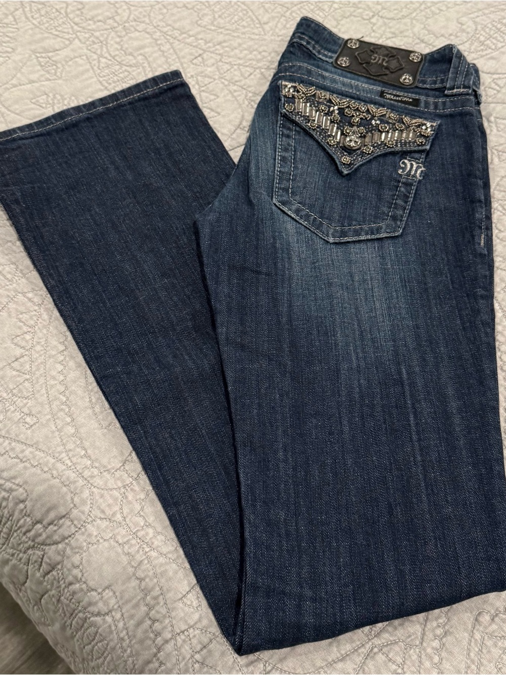 Miss Me Blue Denim Boot Cut Jeans with Crystal & Bead Embellished Flap Pockets
